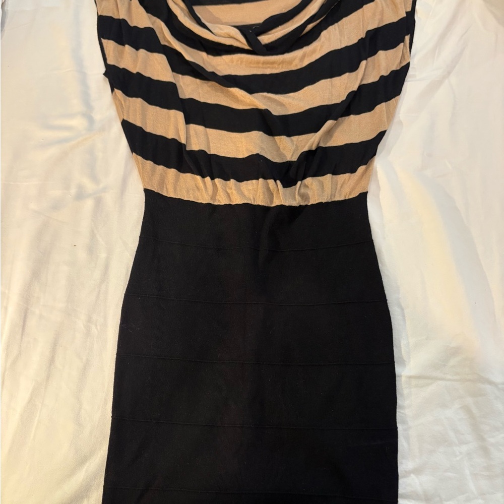Elegant Black and Tan Striped Dress